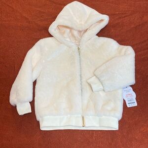 GIRLS FAUX FUR CREAM COLOR ZIP UP COAT JACKET  HOOD SIZE 3T NWT